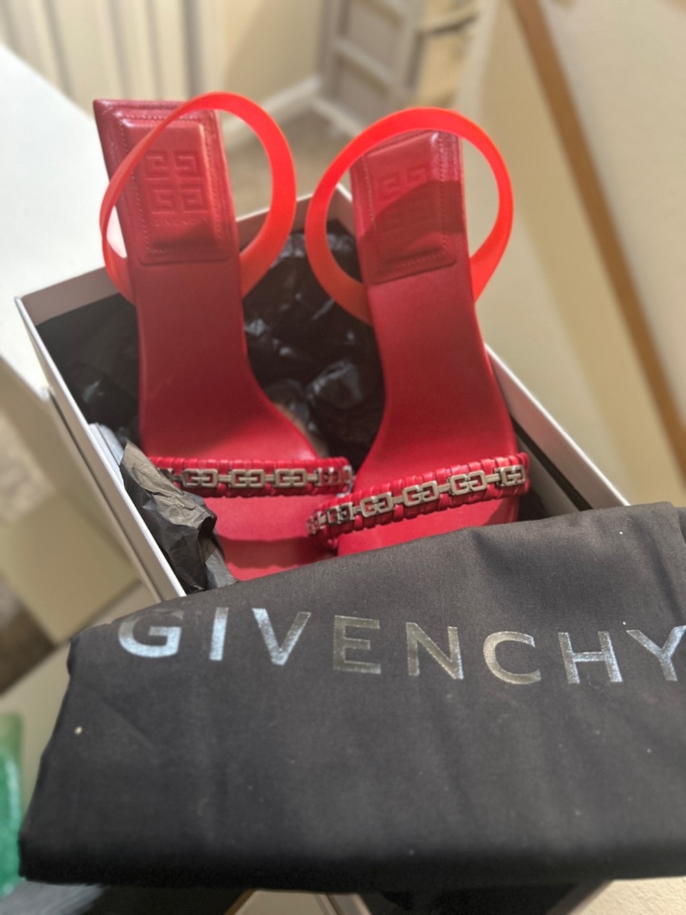 Givenchy Red Logo Chain Women's Heeled Sandals